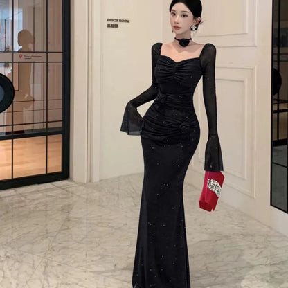 Mesh Bodycon Maxi Dresses for Flare Sleeve Square Collar Slim Mermaid Evening Party Dress Prom Robe Vestidos New