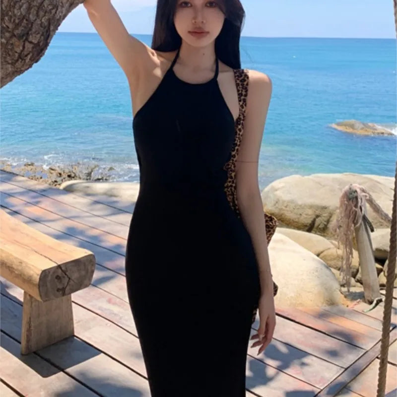 New Slim Sleeveless Midi Dresses Halterneck Backless Birthday Party Bodycon Dress