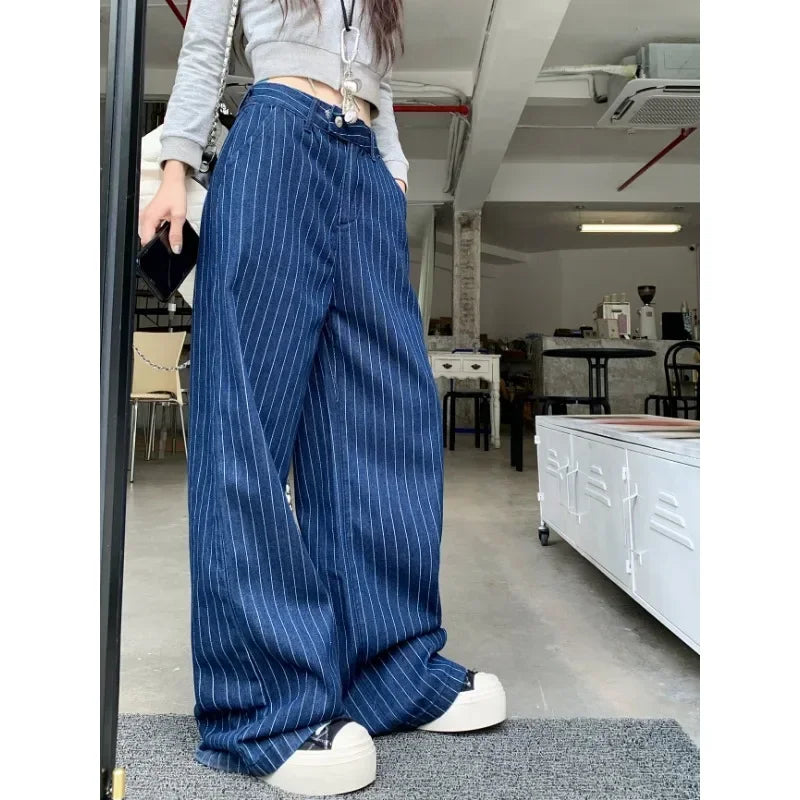 Contrast Color Striped Jeans Autumn New American High Waist Loose Allmatch Denim Wide Leg Pants