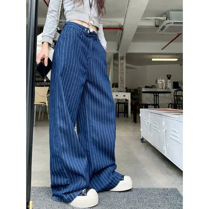 Contrast Color Striped Jeans Autumn New American High Waist Loose Allmatch Denim Wide Leg Pants