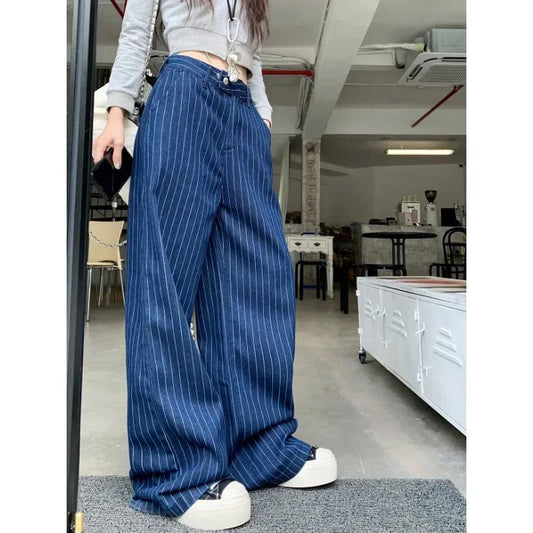Contrast Color Striped Jeans Autumn New American High Waist Loose Allmatch Denim Wide Leg Pants