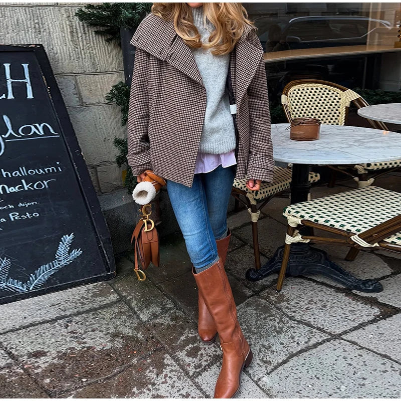 Plaid Double Breasted Street Coat Drop-shoulder Long Sleeve Stand Collar Loose Pocket Jacket Autumn Outwear