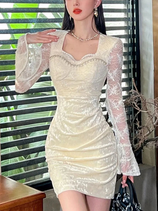 Lace Patchwork Dresses Flare Long Sleeves Bodycon Evening Party Mini Dress Spring Female Slim Vestidos Mujer