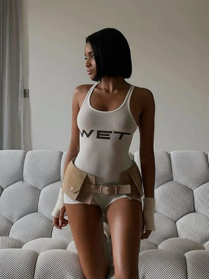 Letter Print Catsuit White One Piece Romper Jumpsuit Tank Top Short Playsuit Bodycon Ropa De Mujer Summer Outfits Bodysuit
