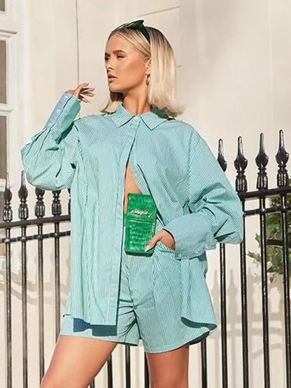 Drawstring Short Pants Sets New Summer Long Sleeve Pocket Irregular Blouse+shorts Outfits Two-piece Set