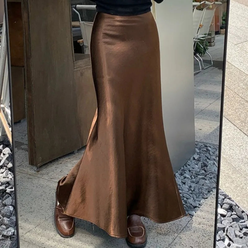 Satin Mermaid Skirts Spring Summer Faldas Mujer Korean Sweet Simple Retro Long Skirt