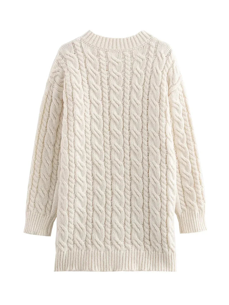 Beige Twist Knitted Cardigan Sweater Buttons Autumn Winter Loose Long Cardigans New Female Sueter Mujer