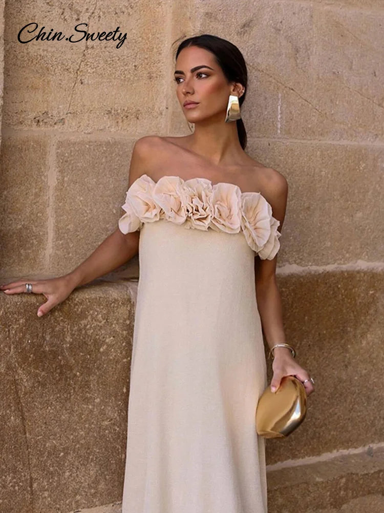 3d Flower Knit Long Dress Off Shoulder Backless Loose Party Beach Vacation Dresses Spring Lady Knitwear New