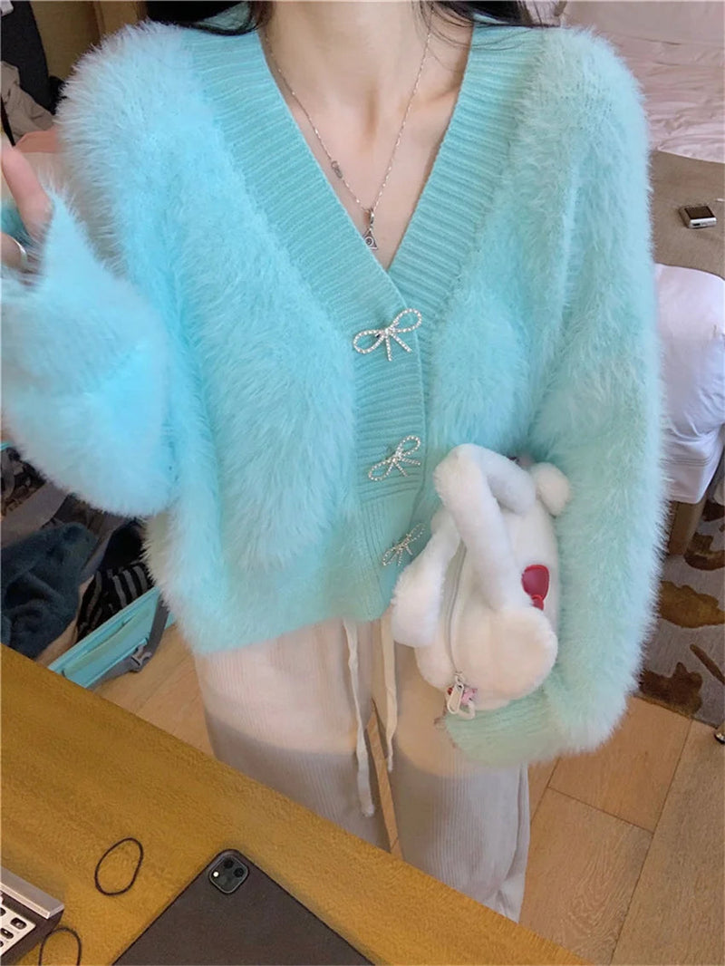 Bow Outwear Coats Soft Winter Faux Mink Hair Office Lady Warm Slim Sweaters