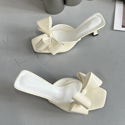 Patent Leather Butterfly Knot Slippers Square Toe Summer Sandals Low Thin Heels Mules Slides Shoes Size 39