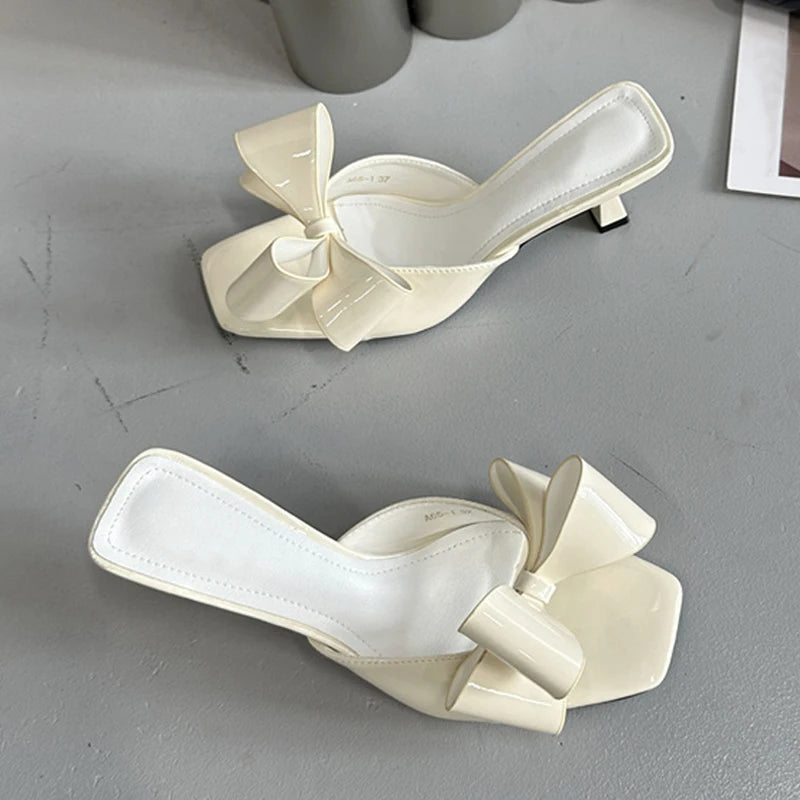 Patent Leather Butterfly Knot Slippers Square Toe Summer Sandals Low Thin Heels Mules Slides Shoes Size 39