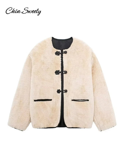 Lambs Wool Jacket for Loose Fleece O-neck Single Breasted Pockets Long Sleeve Fur Coat Autumn Winter Lady Outwear