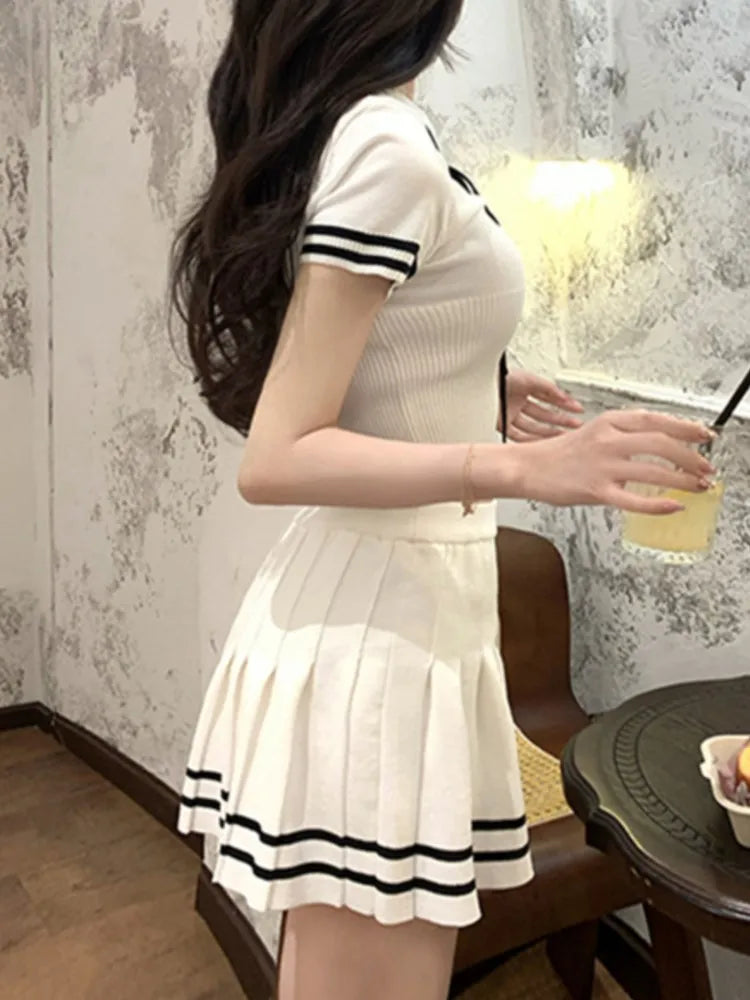 Korean Knitted Two-piece Set Short Sleeve Patchwork Cropped Top Pleated Mini Skirt Preppy Style Outfits New