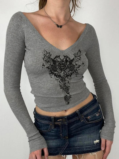Gray Slim Y2k V-neck T-shirt Basic Print Gothic Dark Hotsweet Long Sleeve Crop Top Autumn New