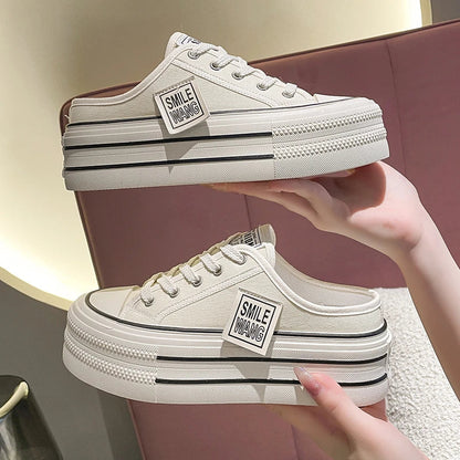 Canvas Platform Wedge Thick Slippers Lace Up Chunky Sneaker Comfy High Brand Breathable Summer Heightening Shoes