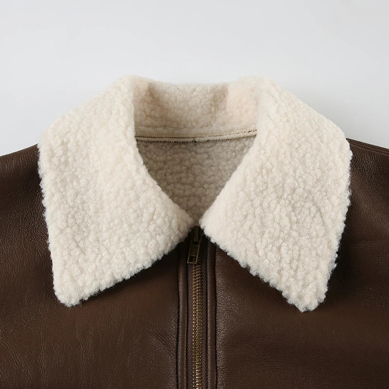 Patchwork Pu Leather Jackets Basic Turn-down Collar Long Sleeve Coats Autumn Winter Lady