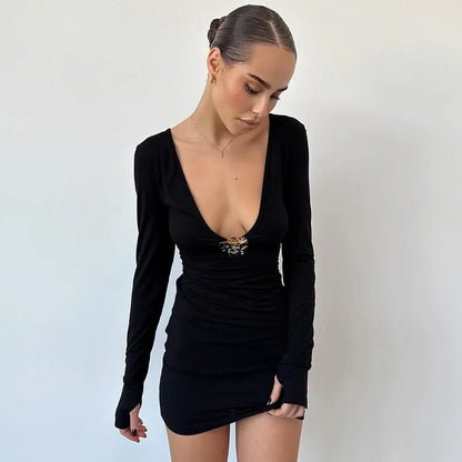 Plunge Slim Metallic Dress for Long Sleeve Mini Dress High Waist Autumn Club Party Dress