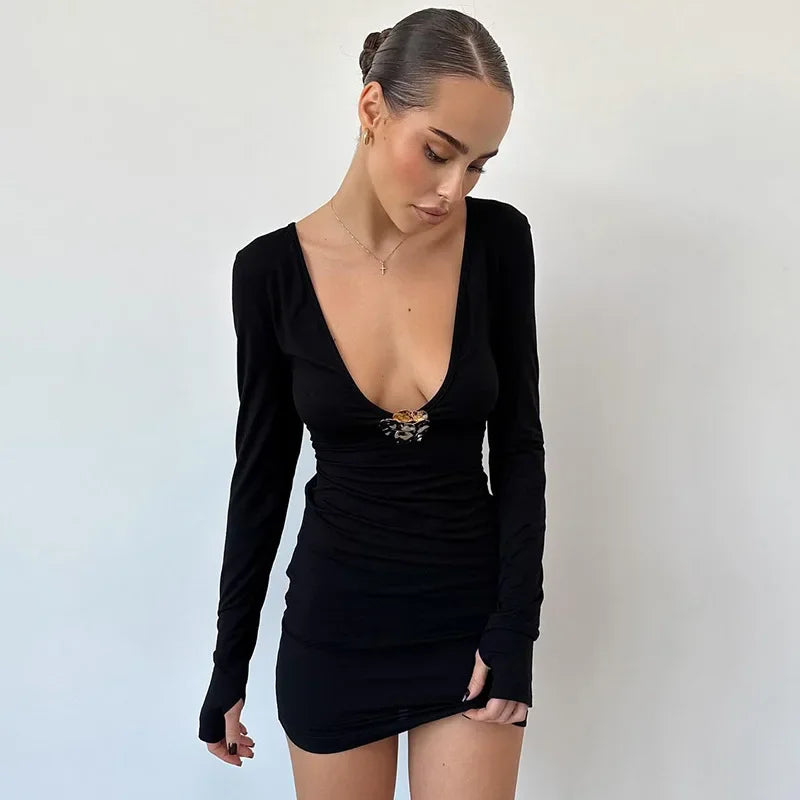 Plunge Slim Metallic Dress for Long Sleeve Mini Dress High Waist Autumn Club Party Dress