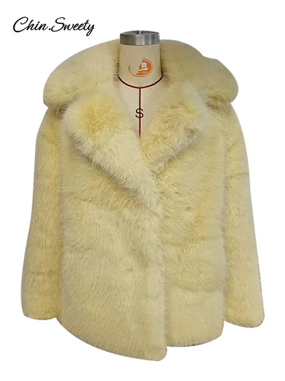 Faux Fur Jacket Coat Warm Fluffy Loose Long Sleeve Lapel Female Overcoat Winter Yellow Lady Street Outwear
