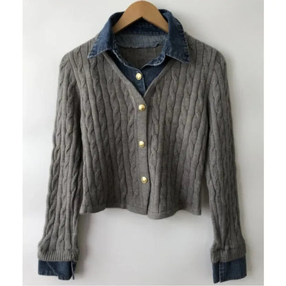Contrast Color Denim Patchwork Longsleeved Cardigan Autumn New Polo Collar Multi Buttons Knitted Tops