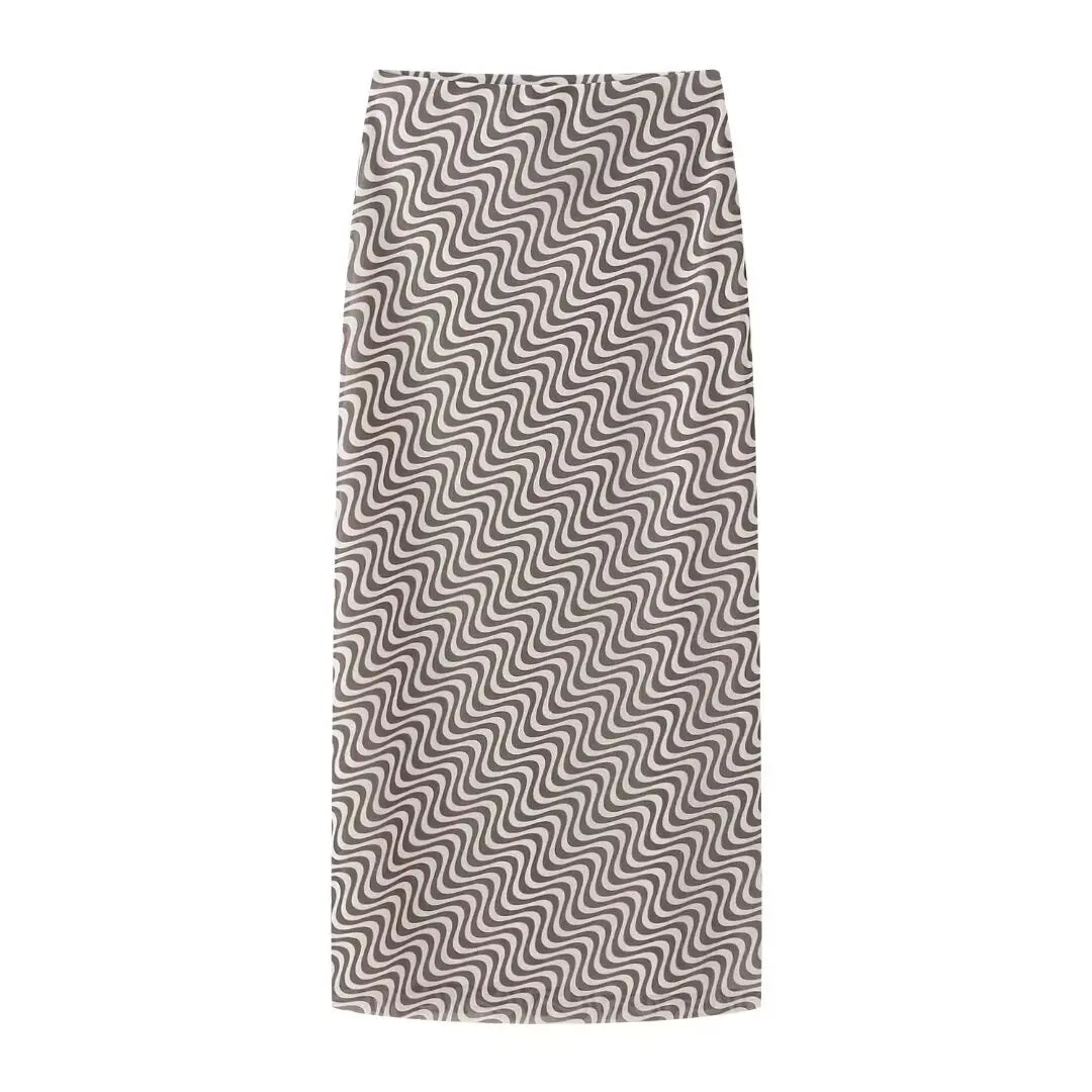 Summer 2 Piece Set Wave Print Halter Tank Top Backless Lace Up Tops Female High Waist Pencil Skirts