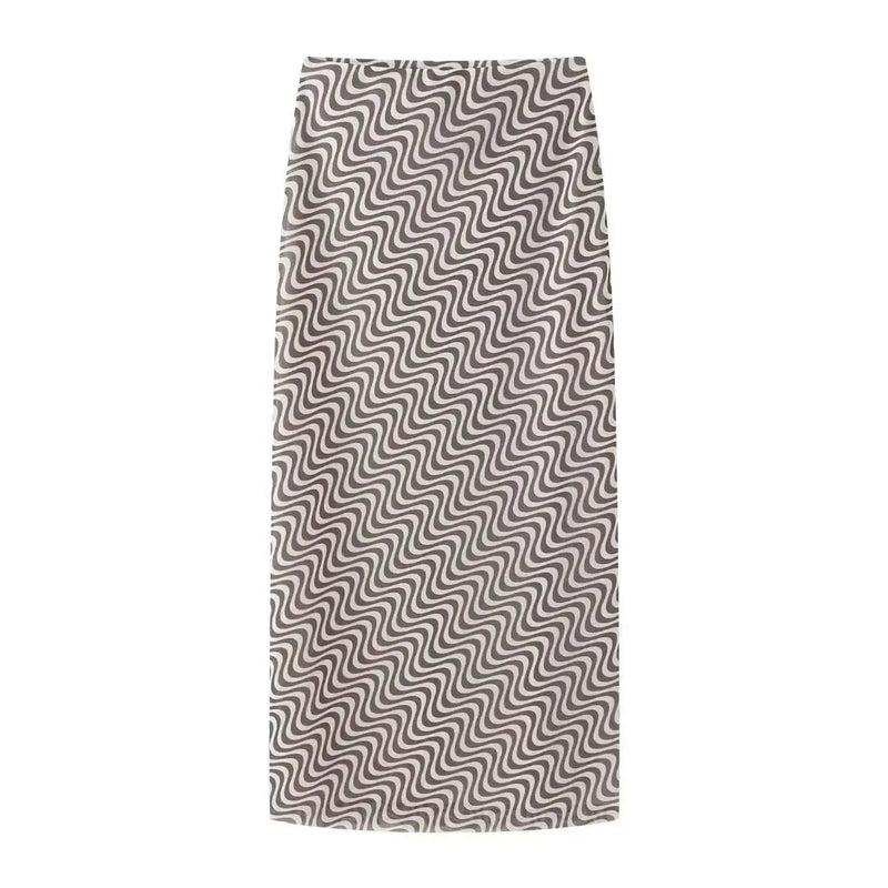 Summer 2 Piece Set Wave Print Halter Tank Top Backless Lace Up Tops Female High Waist Pencil Skirts