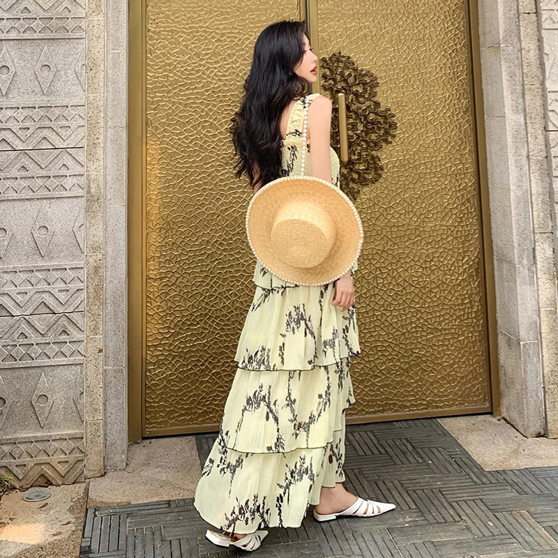Retro Cascading Ruffles Flower Print Yellow Cake Midi Dresses New Summer Special Design Camisole Clothing Mujer