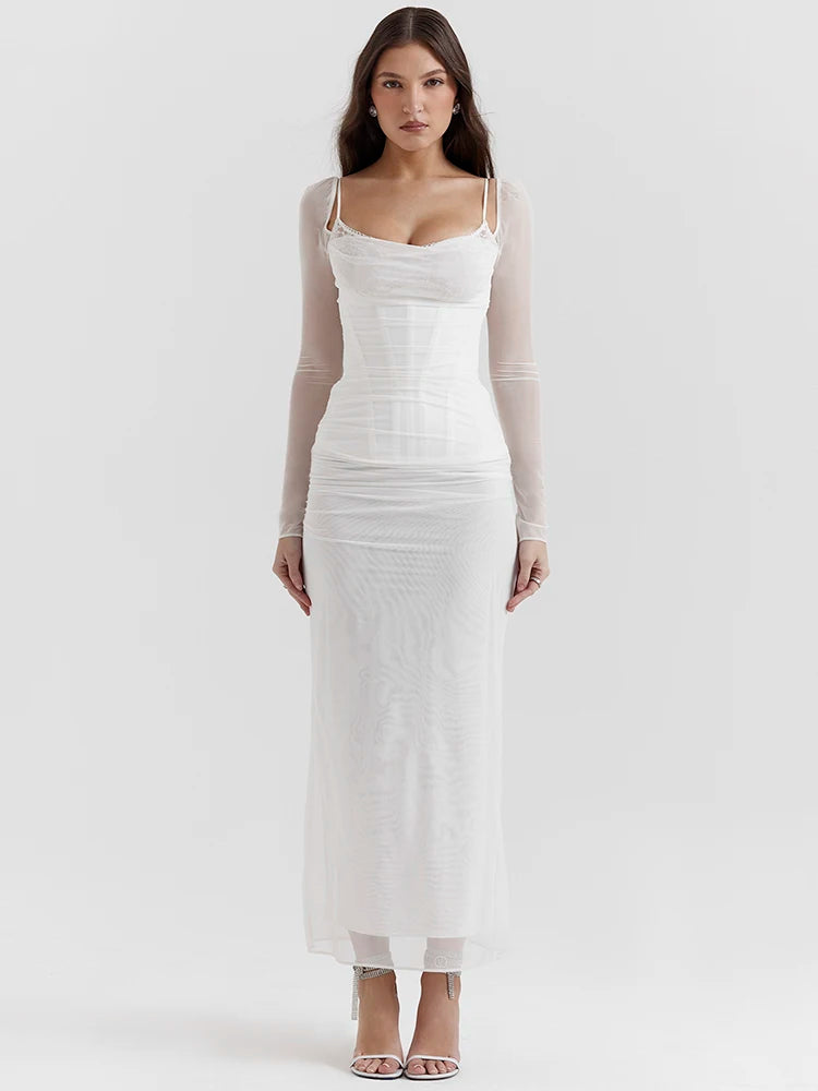 Sheer Long Sleeve Maxi Dress for Mesh Strapless Backless Club Party Long Dress New