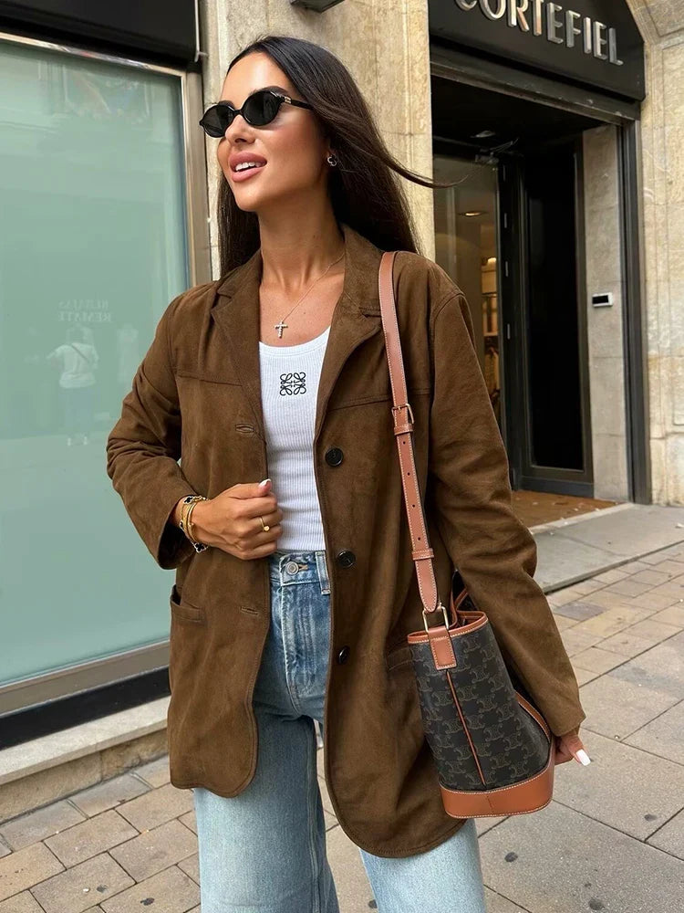 Turn Down Collar Brown Autumn Jacket for Single Breasted Long Coat Jacket Female Winter Jacket Back Slit