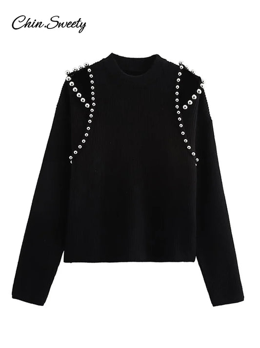 ’s Beading Sweater Pullover Knitted Black Long Sleeve O-neck Jumper New Spring Lady Outwears