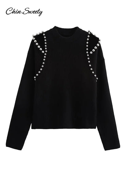 ’s Beading Sweater Pullover Knitted Black Long Sleeve O-neck Jumper New Spring Lady Outwears