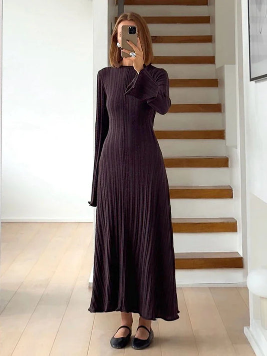 Knitted Long Dress Female Fall Winter New Retro High Waist Rib Sweater Bodycon Dresses Lady Holiday Party Outfits