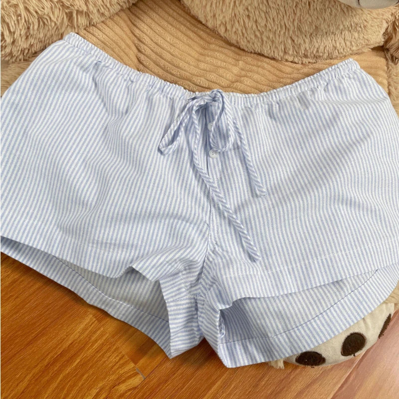 Summer New Letter Embroidery Seethrough White Lace Shorts + Laceup Striped Shorts Twopiece Suit