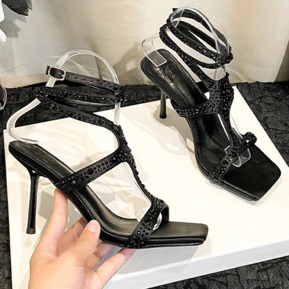 Rhinestones Thin High Heels Ankle Strap Party Dress Shoes Open Toe Shiny Designer Brand Sandals