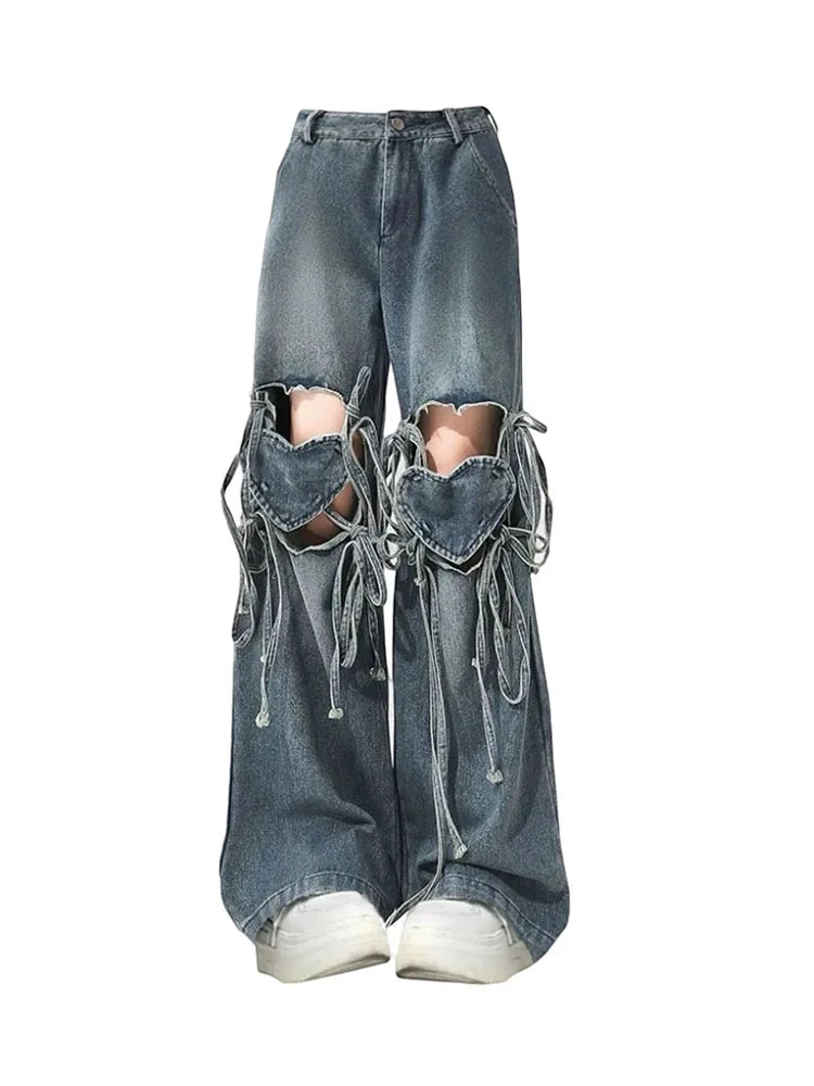 American Trousers Style Ripped Hole Love Heart Lace Up Jeans Summer Blue Cozy Wide Leg Pants Sweet Harajuku