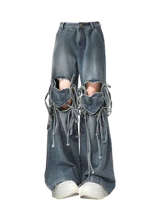 American Trousers Style Ripped Hole Love Heart Lace Up Jeans Summer Blue Cozy Wide Leg Pants Sweet Harajuku