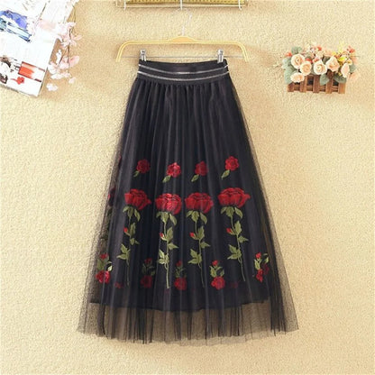 Elastic High Waist Midlong Aline Pleated Skirts New Summer Rose Embroidery Mesh Skirt