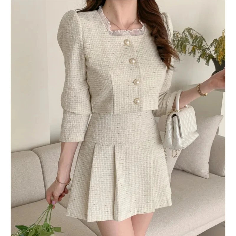 Korean Tweed Short Jacket Cropped Coats + High Waist Mini Skirts Suits Autumn New Slim Two-piece Sets