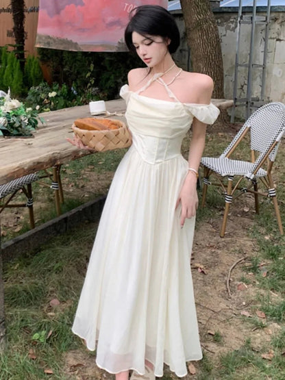 Summer Halter Midi Dress Female Chiffon Square Neck Party One Pieces Dresses French New Vestidos Robe