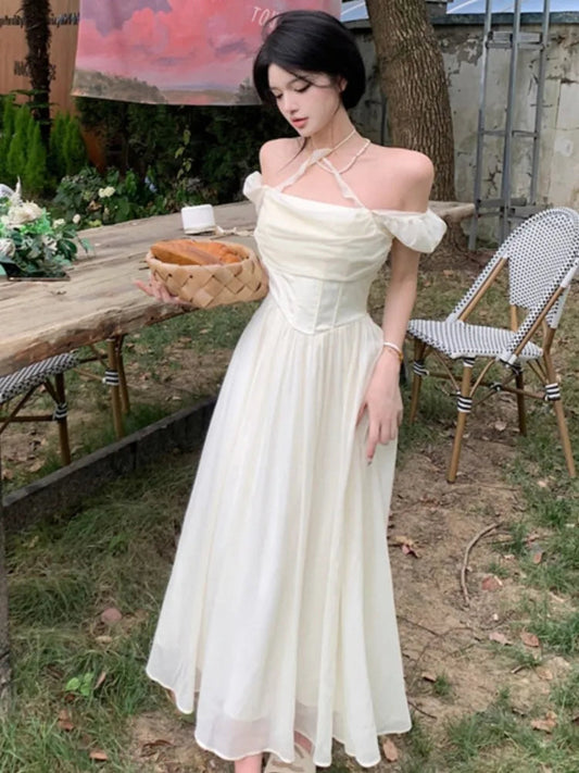 Summer Halter Midi Dress Female Chiffon Square Neck Party One Pieces Dresses French New Vestidos Robe