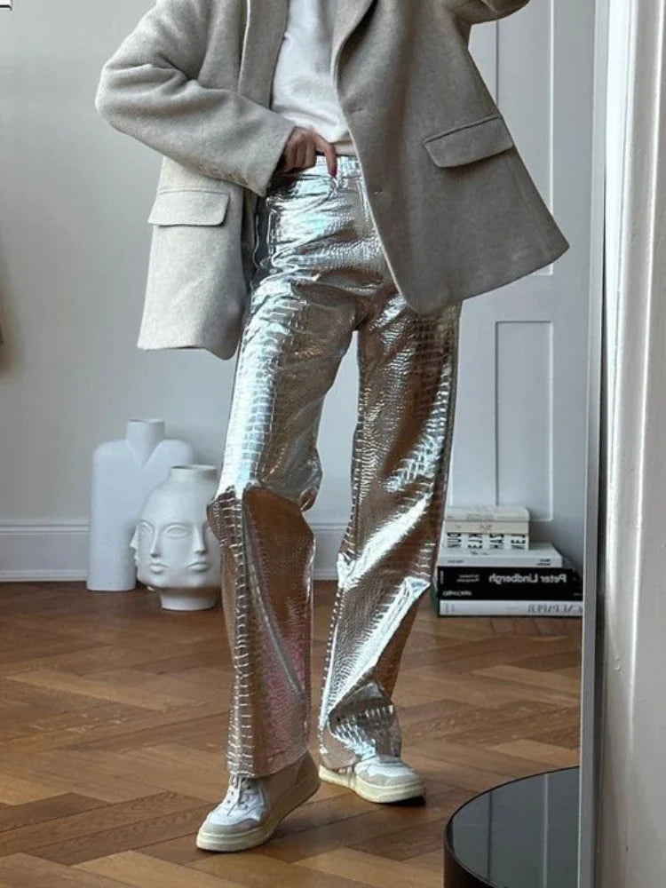 Silver Pu Pants Autumn Winter High Waist Loose Straight Trousers Party Y2k Girl Pants Trousers