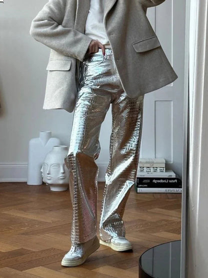 Silver Pu Pants Autumn Winter High Waist Loose Straight Trousers Party Y2k Girl Pants Trousers