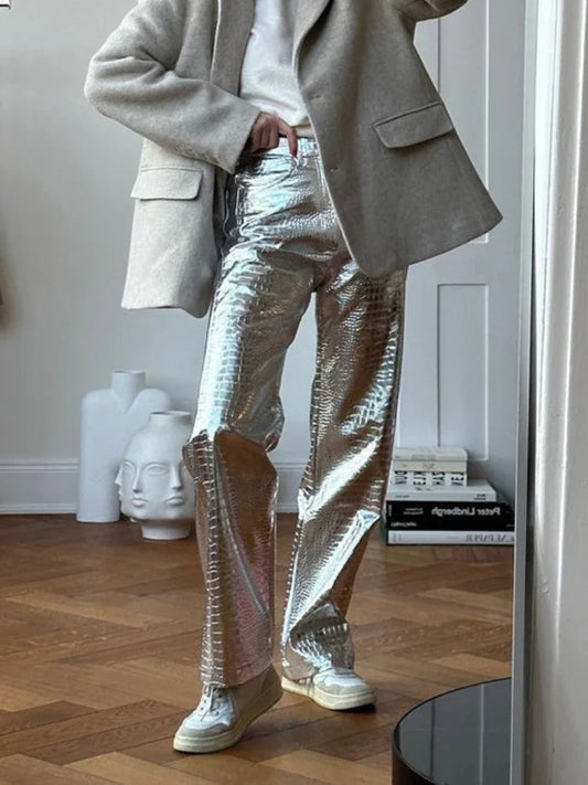 Silver Pu Pants Autumn Winter High Waist Loose Straight Trousers Party Y2k Girl Pants Trousers