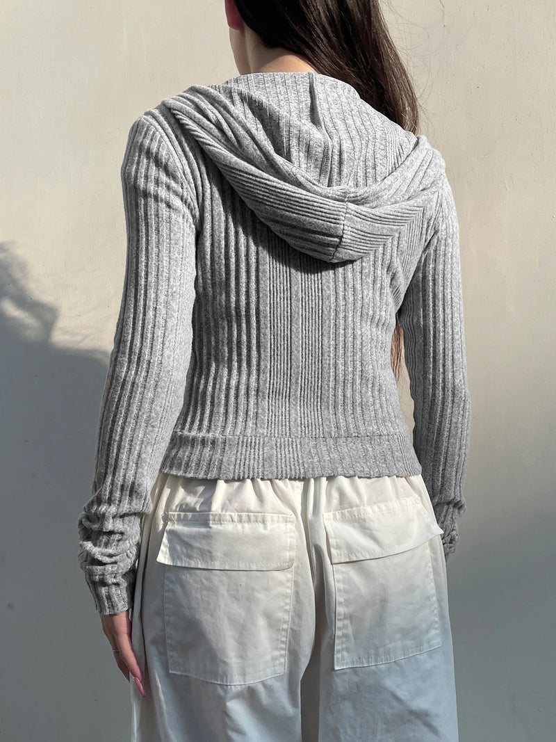 Gray Zip Up Knitted Hooded Jackets Pockets Details Simple Basic Minimalist Slim Long Sleeve Hoodies Knitwear