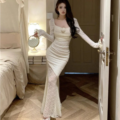 Lace Long Dresses for Off Shoulder Fishtail Bodycon Mermaid Autumn Spring Birthday Evening Party Prom Robe Vestidos