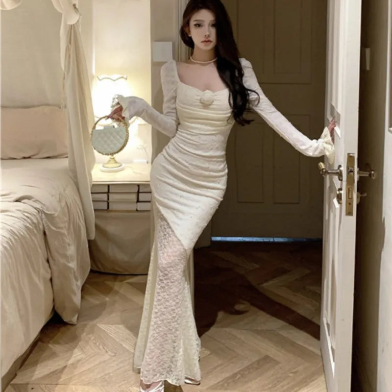 Lace Long Dresses for Off Shoulder Fishtail Bodycon Mermaid Autumn Spring Birthday Evening Party Prom Robe Vestidos
