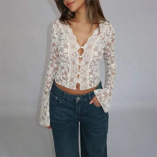 Aesthetic Lace Top Y2k Sheer See Through V Neck Flared Long Sleeve Blouse Shirt