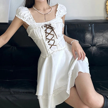 Y2k Contrast Bandage Bow Aline Mini Dress for Holiday Party Coquette Aesthetic Short Sleeve Tiered Dresses Sweet Robe