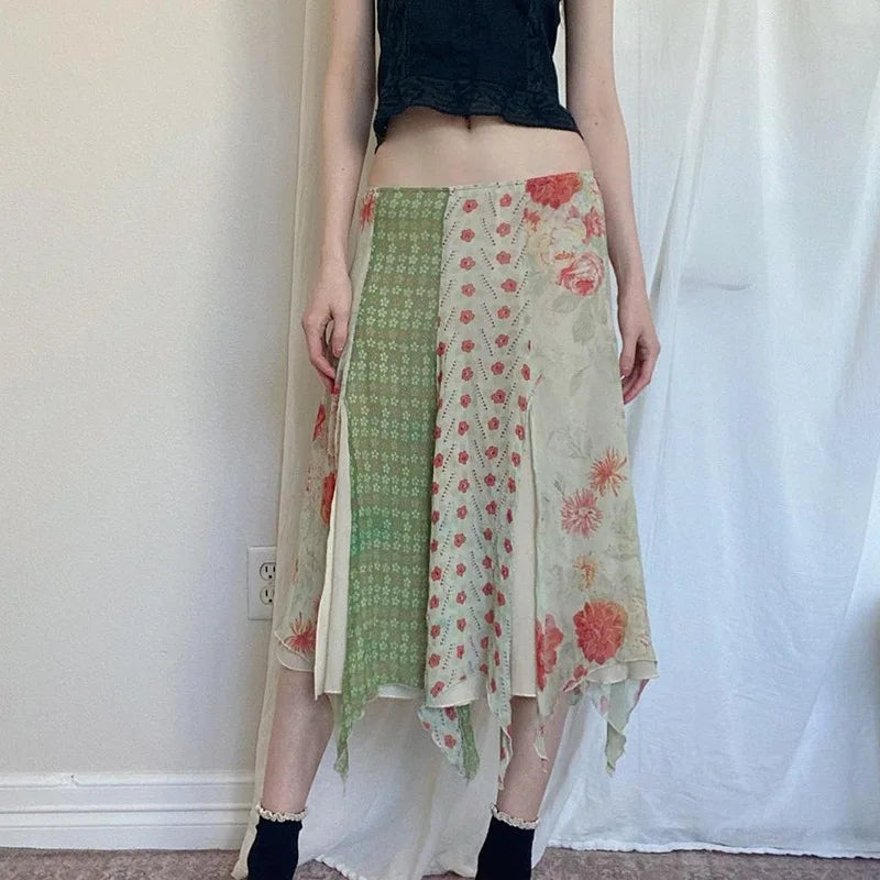 Contrast Color Print Aline Skirt Summer New Low Waist Split Irregular Midlength Skirt