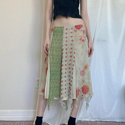 Contrast Color Print Aline Skirt Summer New Low Waist Split Irregular Midlength Skirt